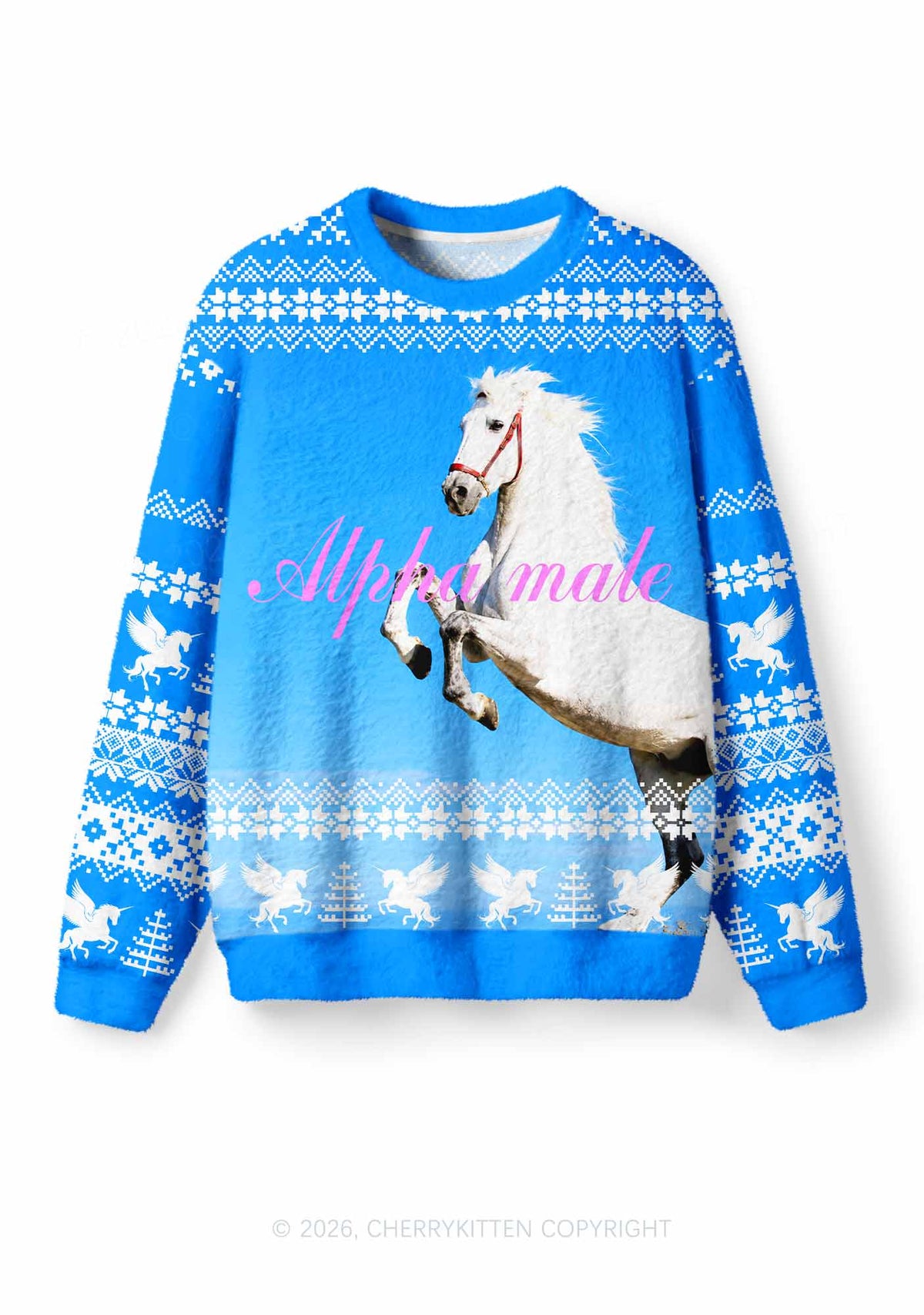 Blue Sky Alpha Male Horse Y2K Knit Sweatshirt Cherrykitten