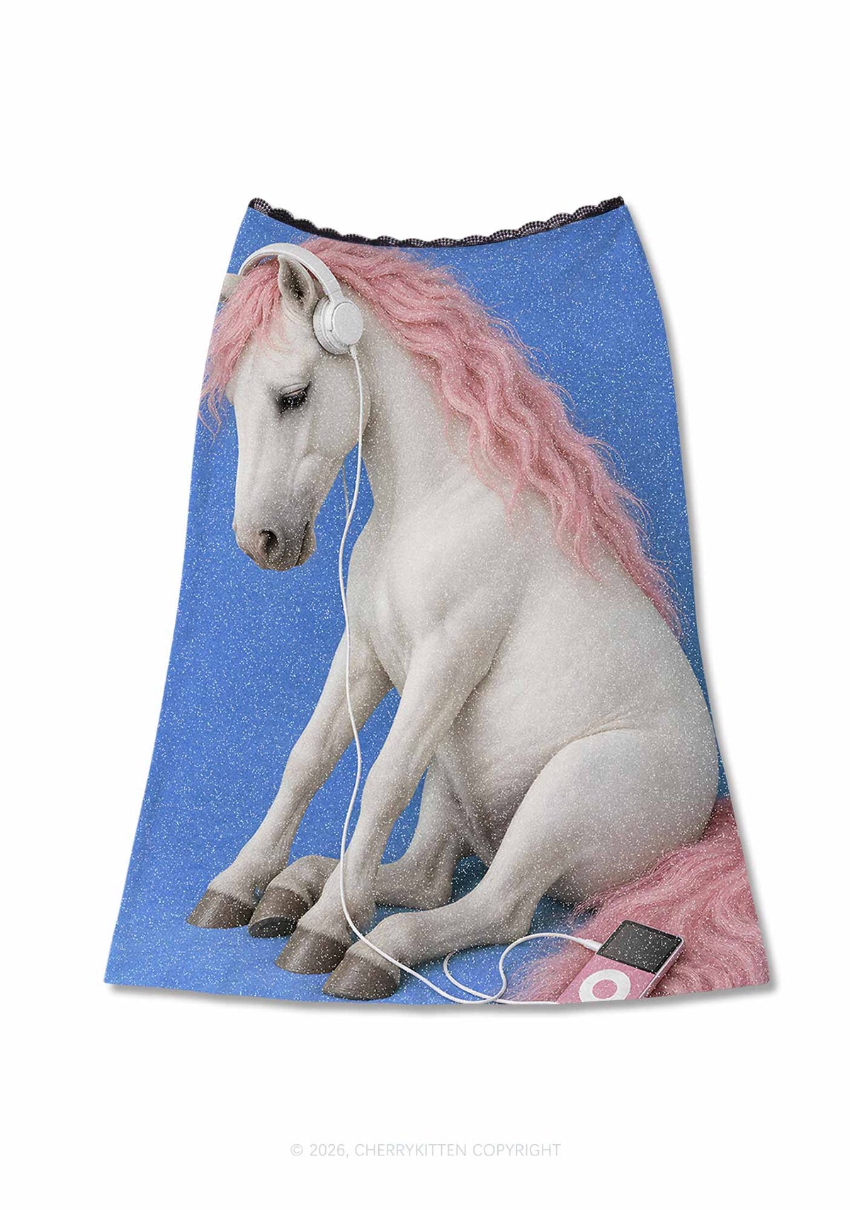 Pink Mane Horse With Headphones Y2K Print Midi Skirt Cherrykitten