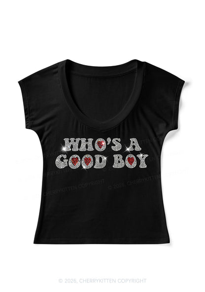 Rhinestone Whos A Good Boy Y2K V Neck T Shirts Cherrykitten