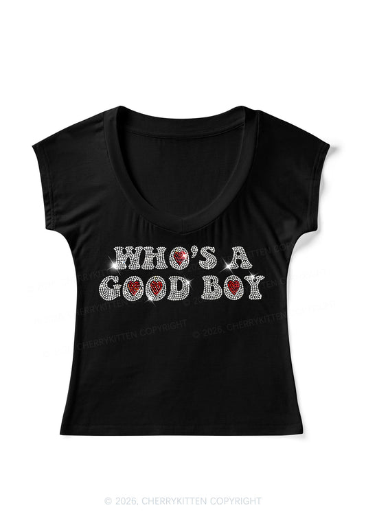 Rhinestone Whos A Good Boy Y2K V Neck T Shirts Cherrykitten