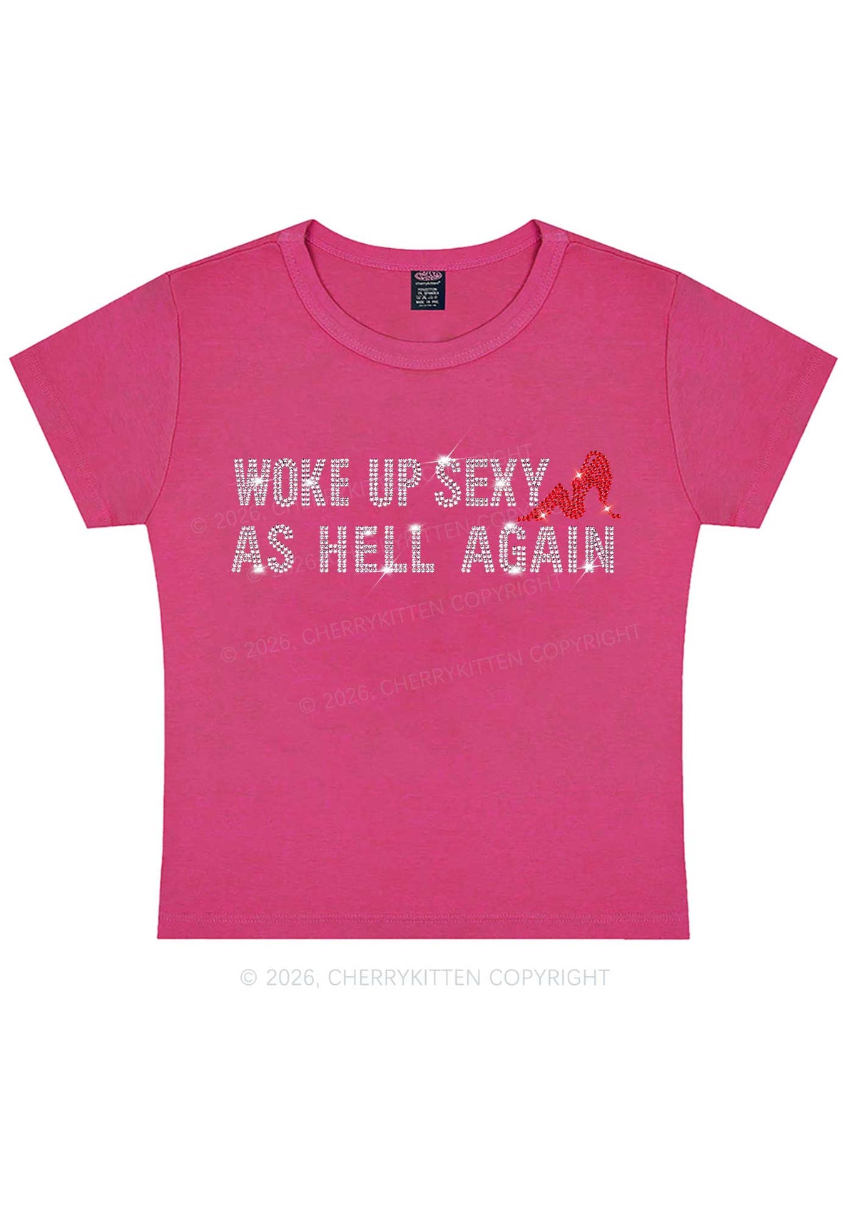 Rhinestone Woke Up Sexy Y2K Baby Tee Cherrykitten