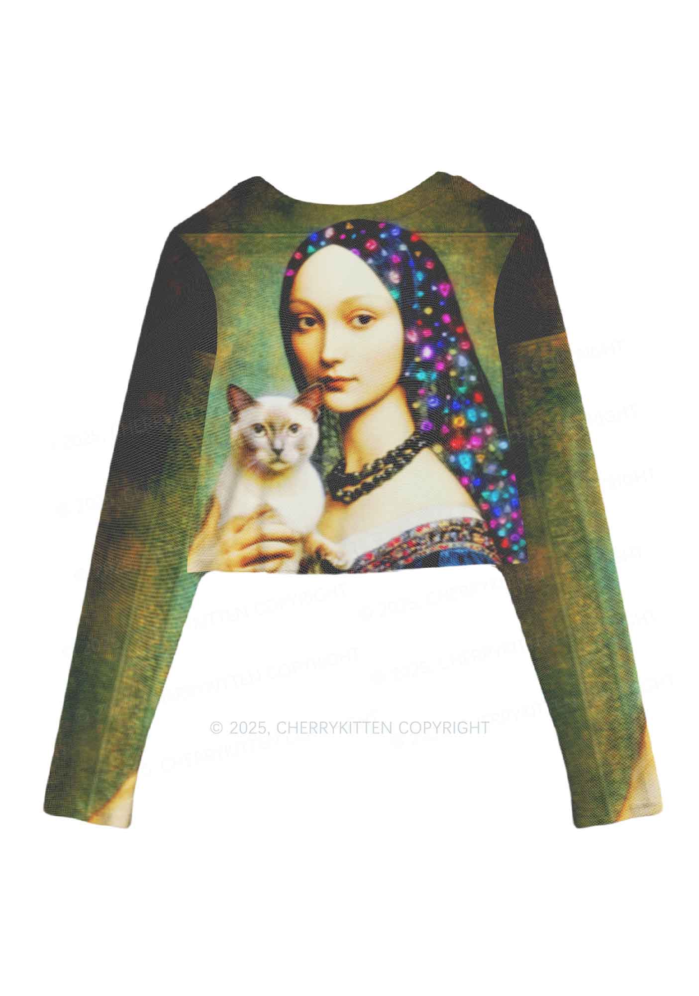 Renaissance Lady With Cat Y2K Mesh Long Sleeve Crop Top Cherrykitten