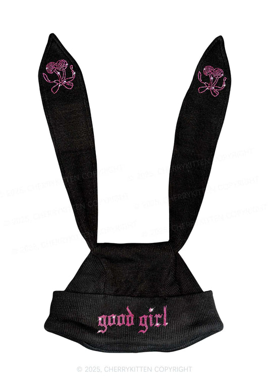 Rhinestone Good Girl Y2K Bunny Ear Knitted Hat Cherrykitten