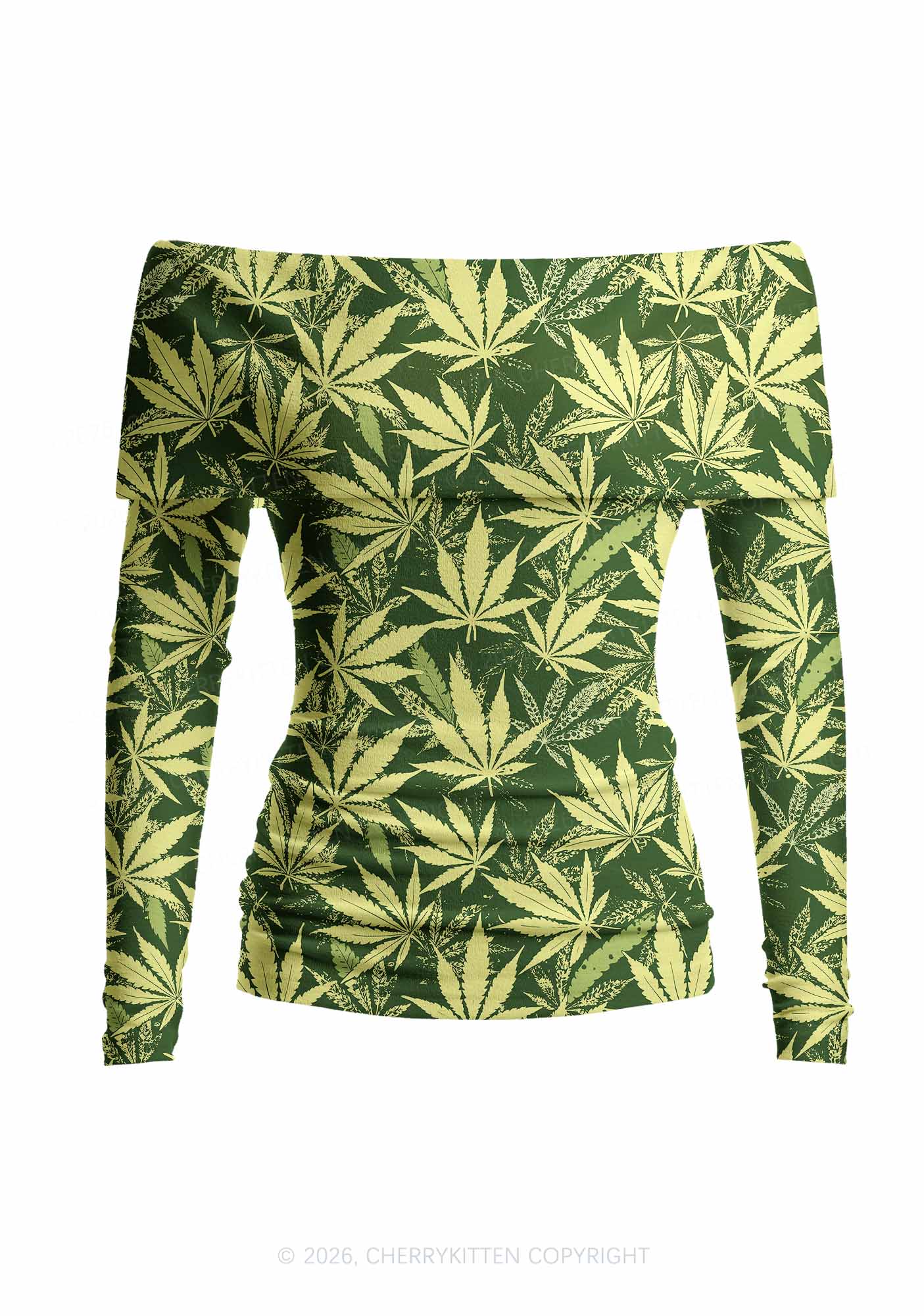 Green Wxxd Leaf Y2K Off Shoulder Fold Over Knit Top Cherrykitten