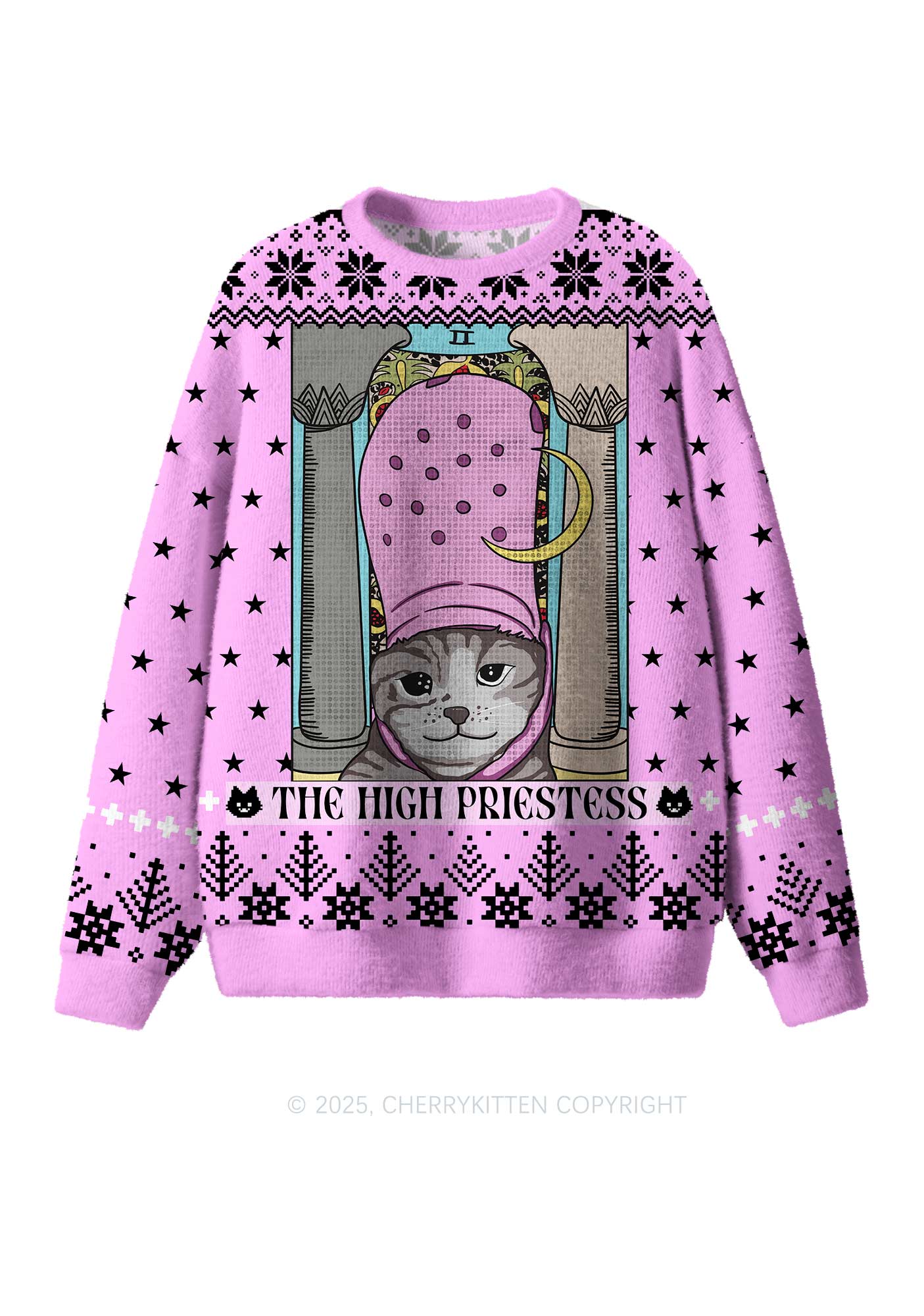 High Priestess Cat Y2K Christmas Knit Sweatshirt Cherrykitten