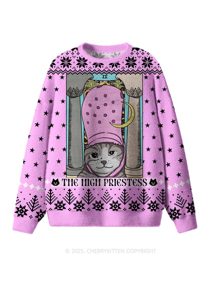 High Priestess Cat Y2K Christmas Knit Sweatshirt Cherrykitten
