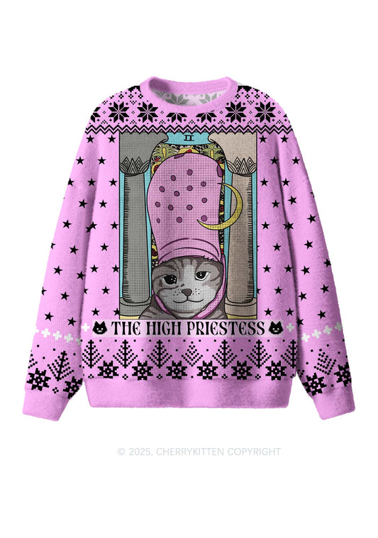 High Priestess Cat Y2K Christmas Knit Sweatshirt Cherrykitten