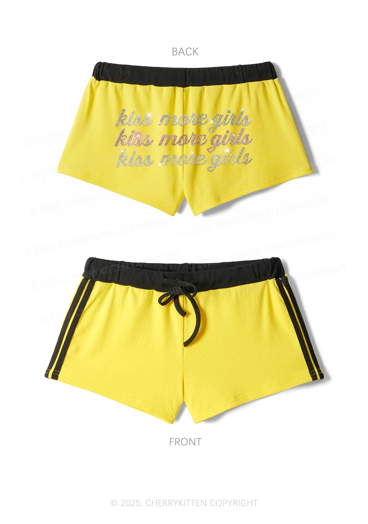 Rhinestone Kiss More Girls Pride Y2K Drawstring Mini Shorts Cherrykitten