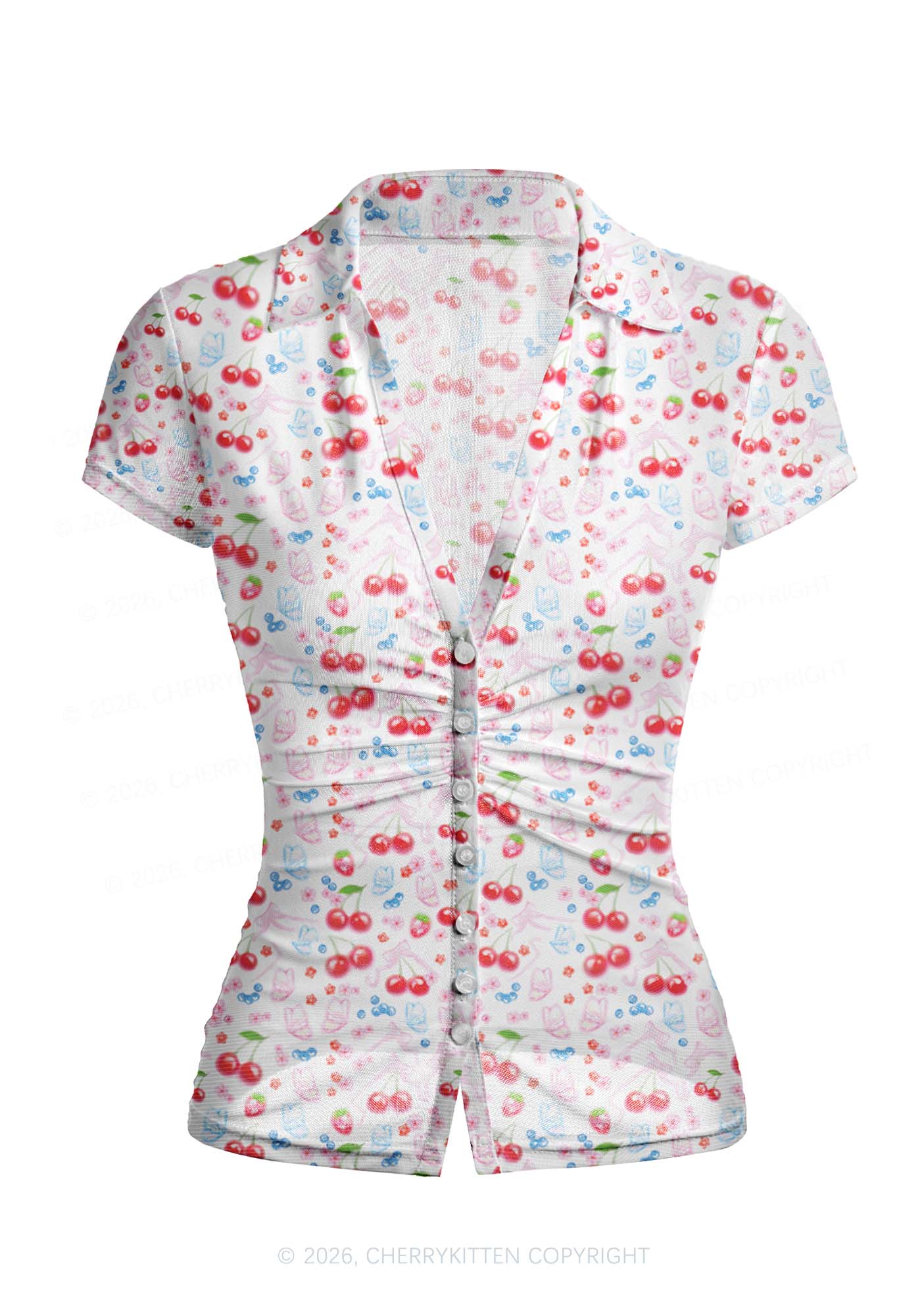 White Cherry Pie Y2K Mesh Ruched  Waist  V Neck Top Cherrykitten