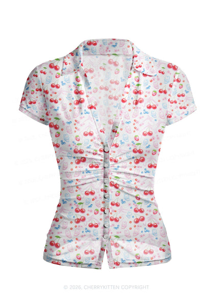 White Cherry Pie Y2K Mesh Ruched  Waist  V Neck Top Cherrykitten