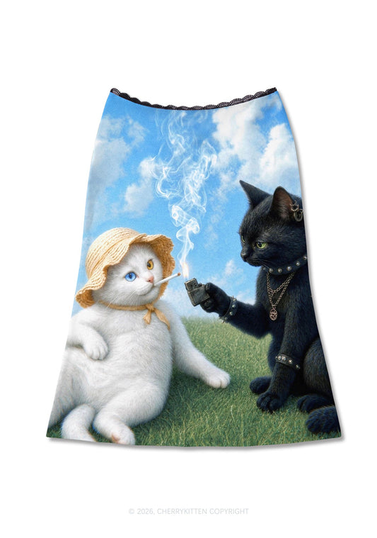 White Cat Smoking Y2K Print Midi Skirt Cherrykitten