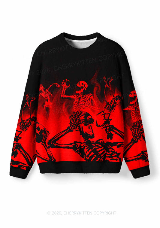 Halloween Scream Skeleton In Fire Y2K Knit Sweatshirt Cherrykitten