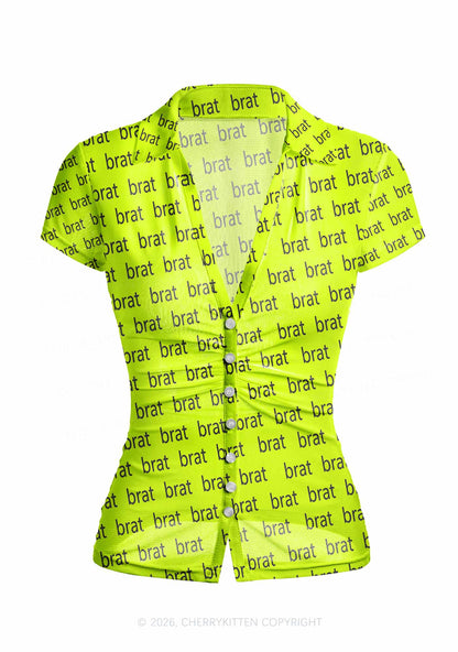 Brat Summer Y2K Mesh Ruched  Waist  V Neck Top Cherrykitten
