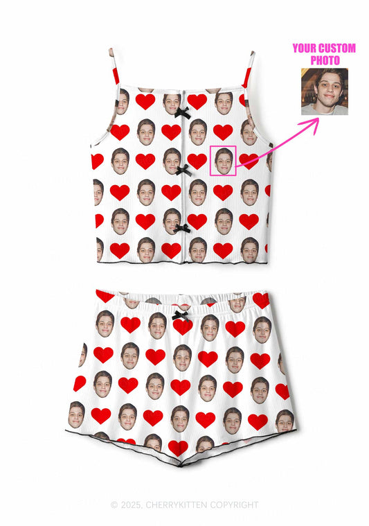 Custom White Hearts Photo Y2K Valentine's Day Y2K Print Cami Shorts Pajama Set Cherrykitten