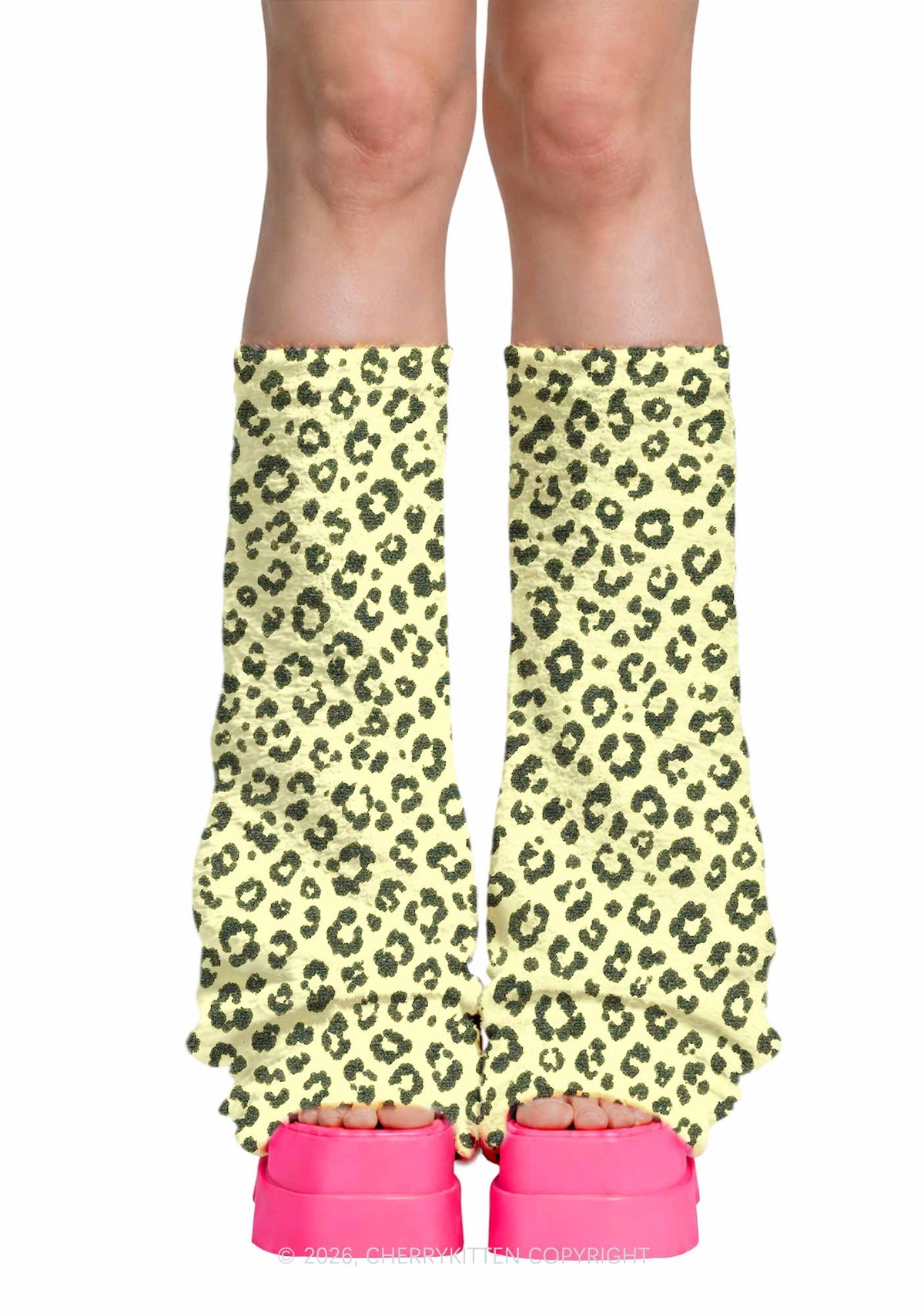Light Yellow Leopard Y2K Print Fuzzy Flared Leg Warmers Cherrykitten