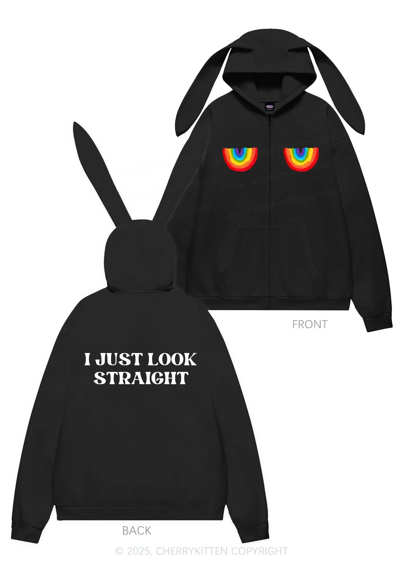 I Just Look Straight Y2K Bunny Ear Zip Hoodie Cherrykitten