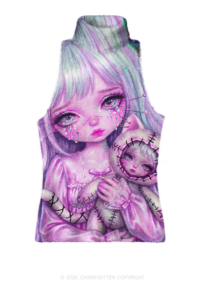 Stitched Doll Girl Y2K Knit Turtleneck Tank Top Cherrykitten