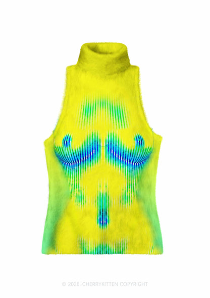 Yellow Thermal Female Body Y2K Knit Turtleneck Tank Top Cherrykitten