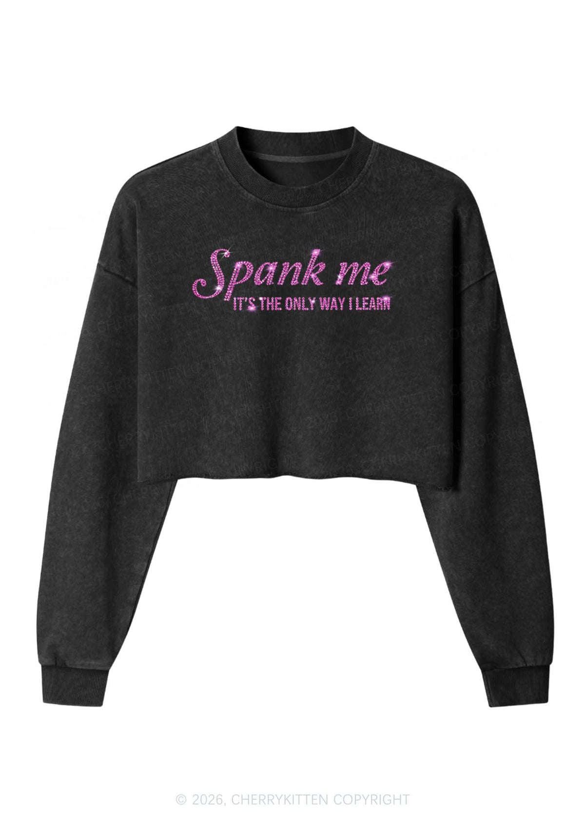 Rhinestone Spank Me Y2K Crop Washed Sweatshirts Cherrykitten