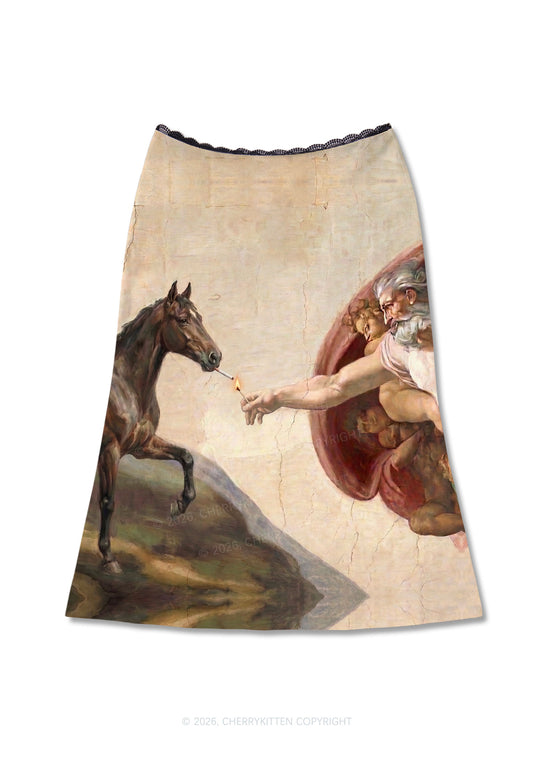 God Smoking Horse Y2K Print Midi Skirt Cherrykitten