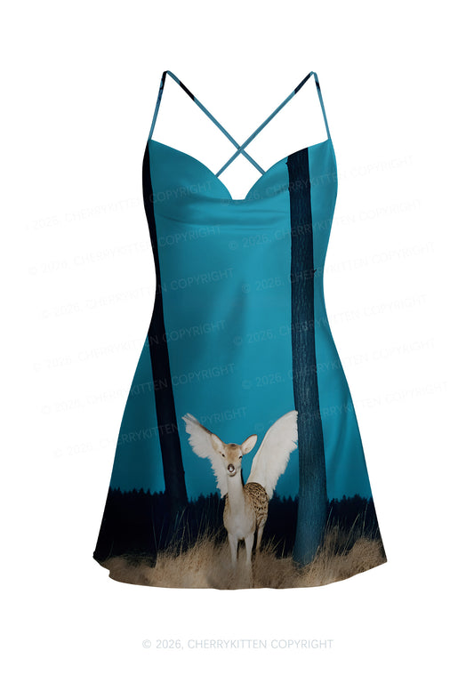 Winged Deer Y2K Print Satin Cowl Neck Slip Dress Cherrykitten