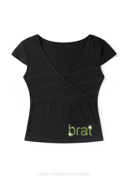 Rhinestone Green Brat Y2K Wrap V Neck T Shirts Cherrykitten