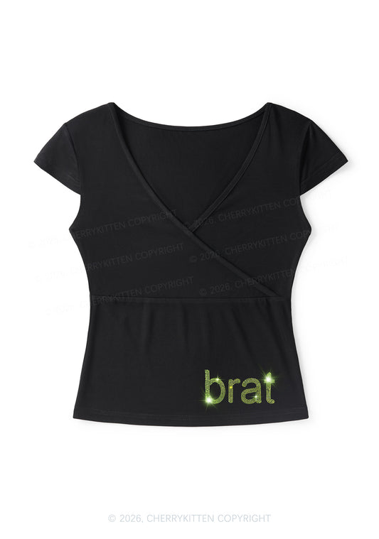 Rhinestone Green Brat Y2K Wrap V Neck T Shirts Cherrykitten