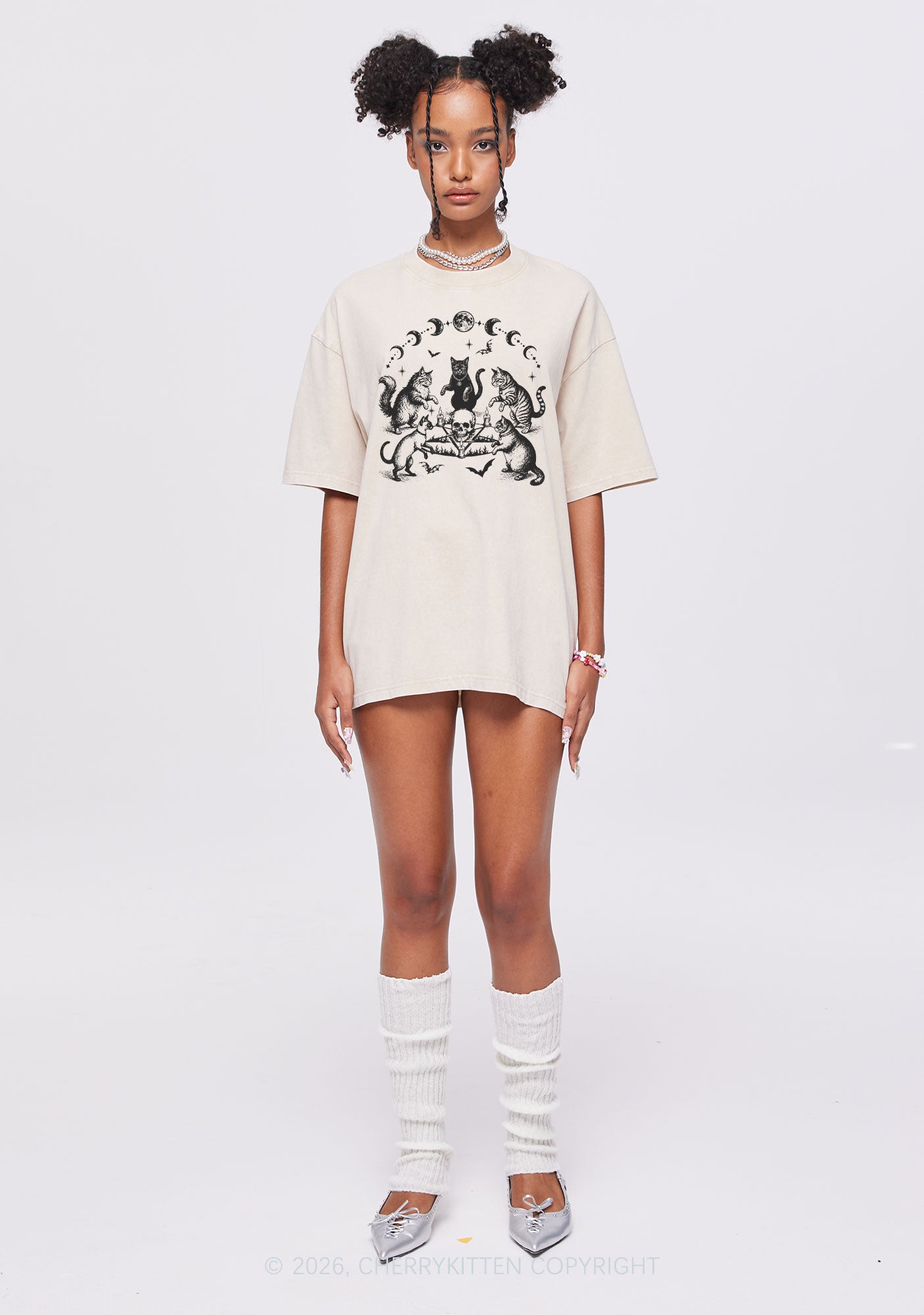 Halloween Cats Moon Phase Skull Y2K Shirts Washed Tee Cherrykitten