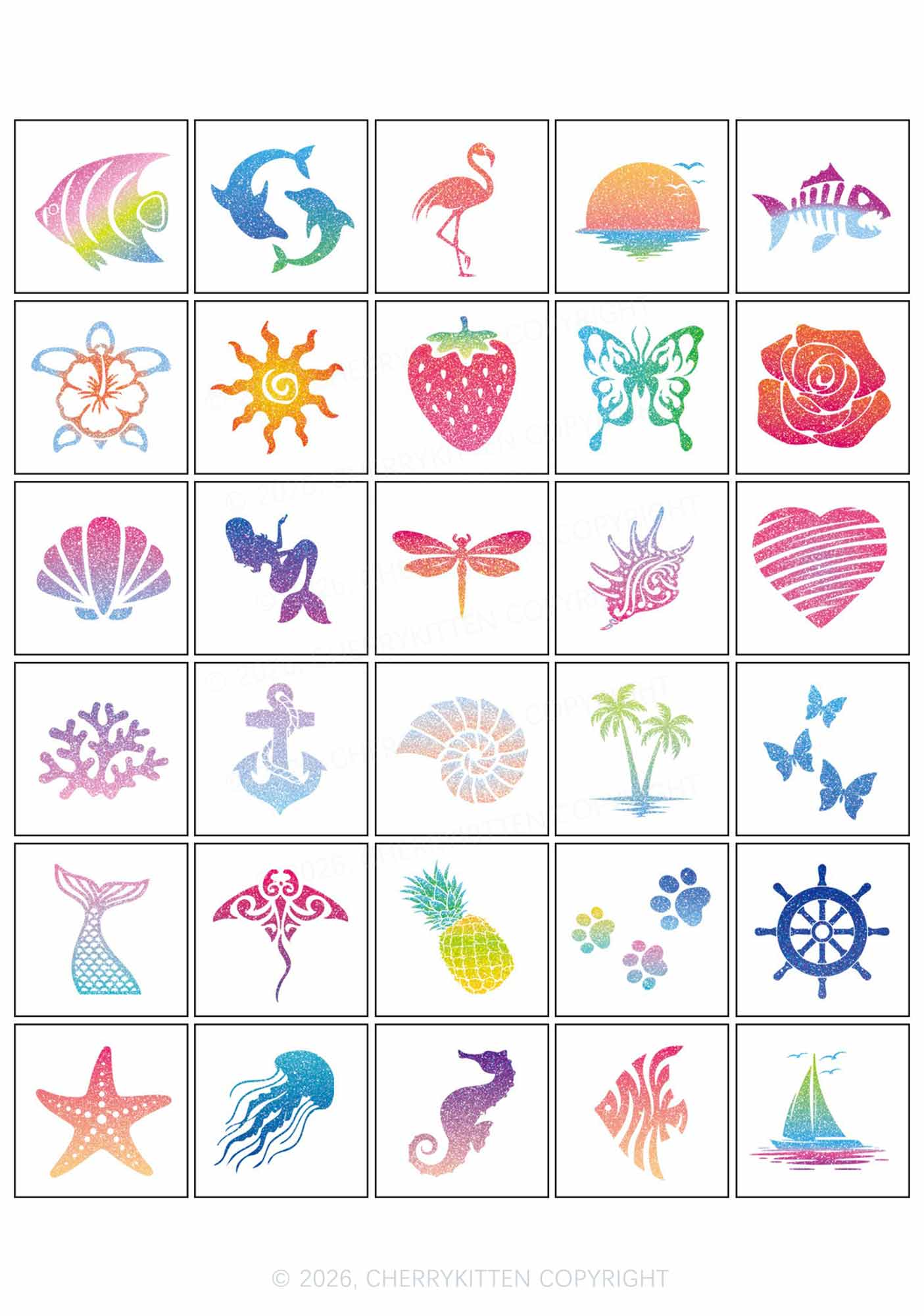 30pcs Hawaiian Hibiscus Flower Marine Animal Y2K Temporary Tattoo Cherrykitten