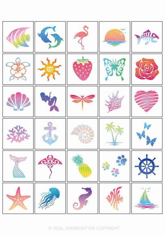 30pcs Hawaiian Hibiscus Flower Marine Animal Y2K Temporary Tattoo Cherrykitten
