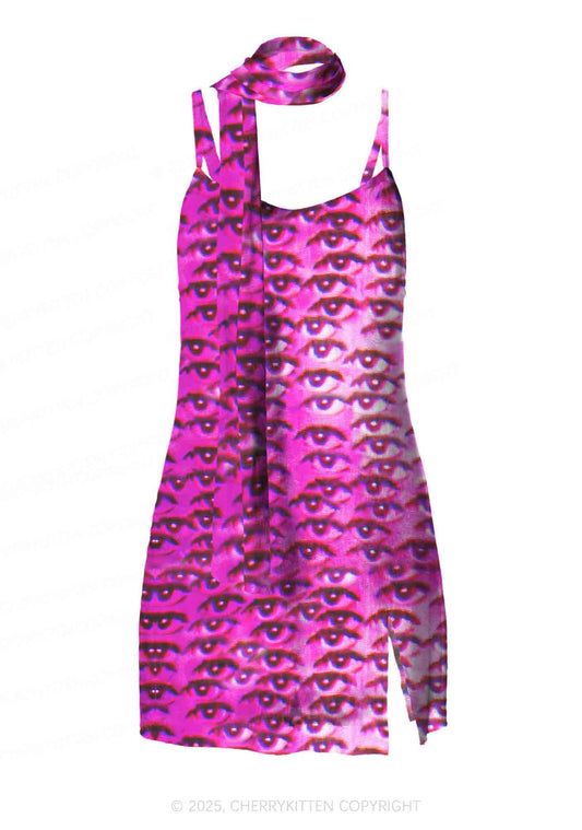 Halloween Pink Eyes Y2K Mesh Slip Dress Cherrykitten