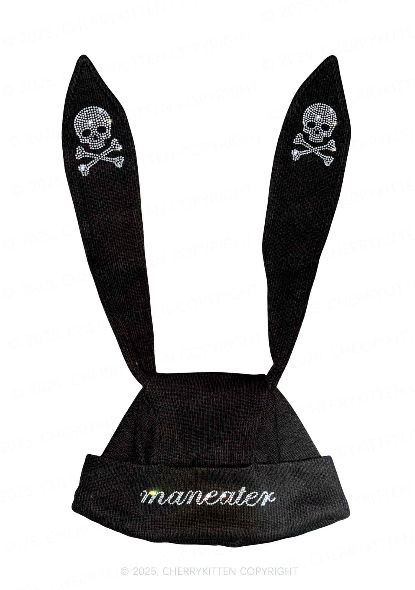 Rhinestone Maneater Skull Y2K Bunny Ear Knitted Hat Cherrykitten