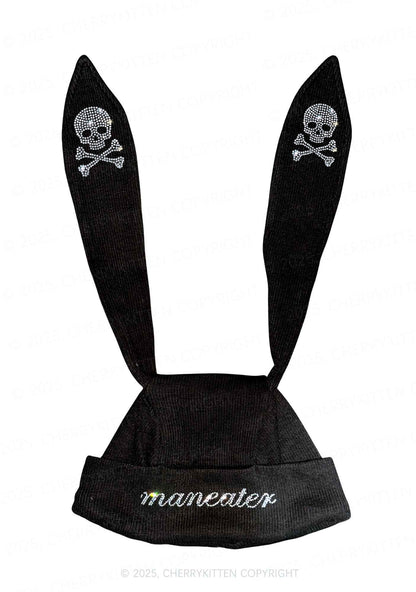 Rhinestone Maneater Skull Y2K Bunny Ear Knitted Hat Cherrykitten