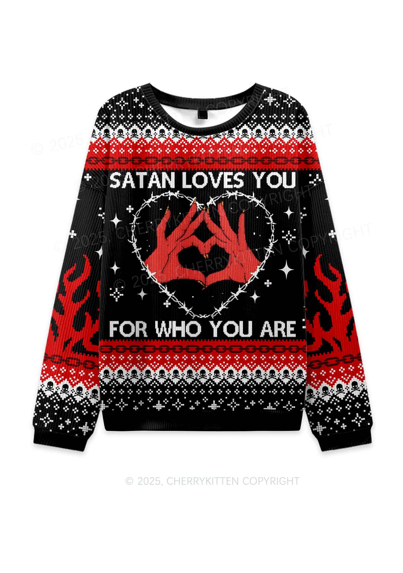 Halloween Satan Loves You Heart Y2K Christmas Knit Sweatshirt Cherrykitten