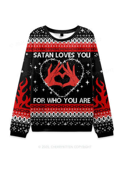 Halloween Satan Loves You Heart Y2K Christmas Knit Sweatshirt Cherrykitten