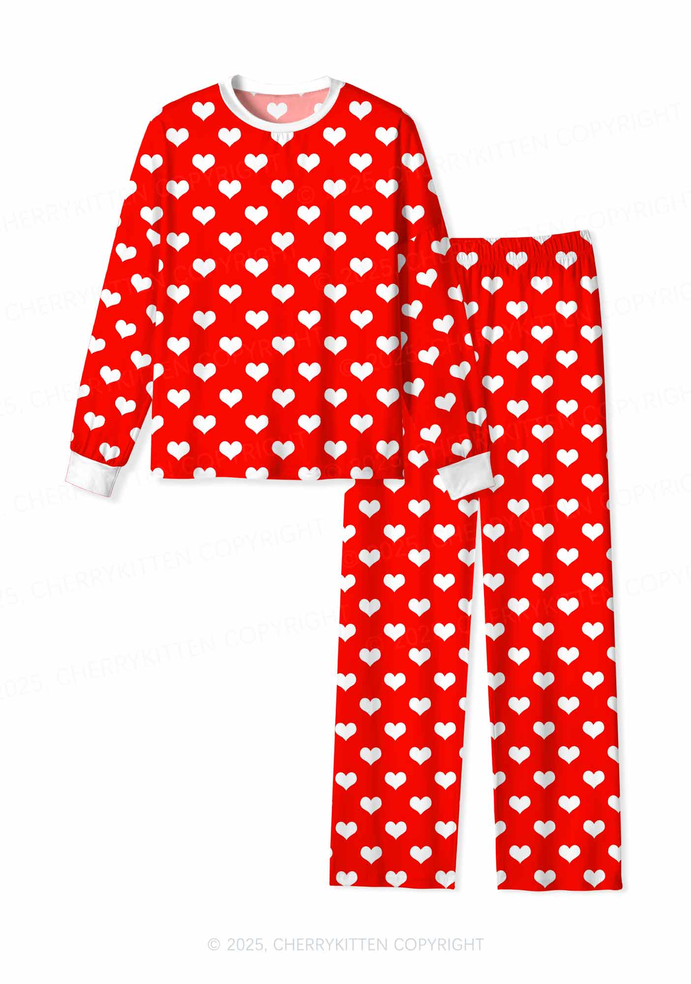White Heart On Red Valentine's Day Y2K Print Long Sleeve Pajama Set Cherrykitten