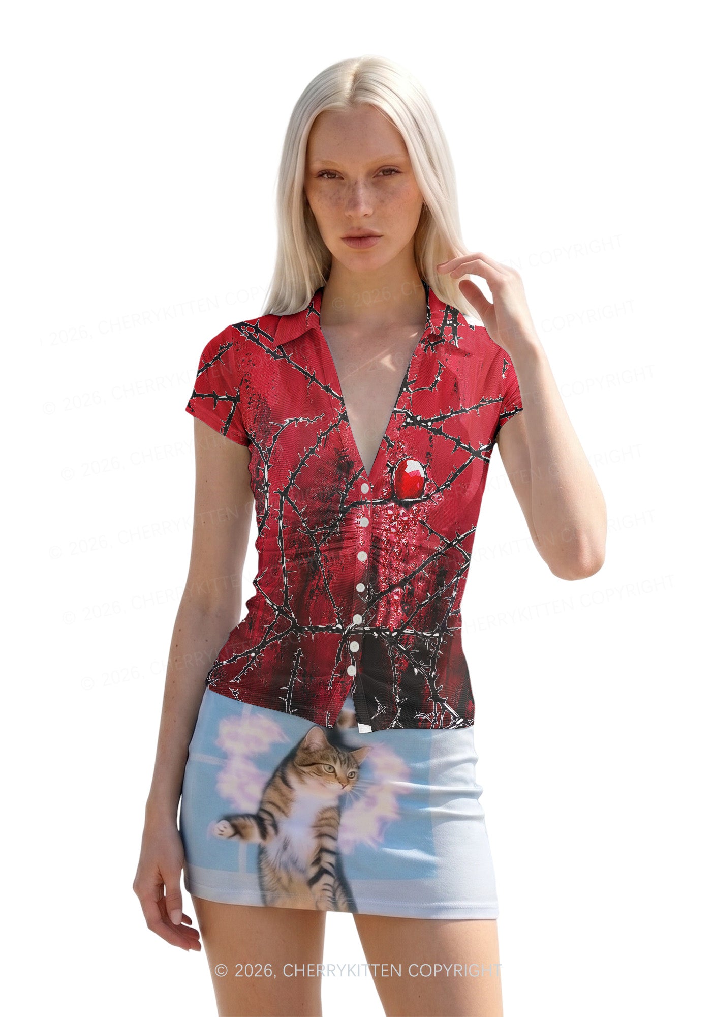 Halloween Thorned Ruby Y2K Mesh Ruched  Waist  V Neck Top Cherrykitten