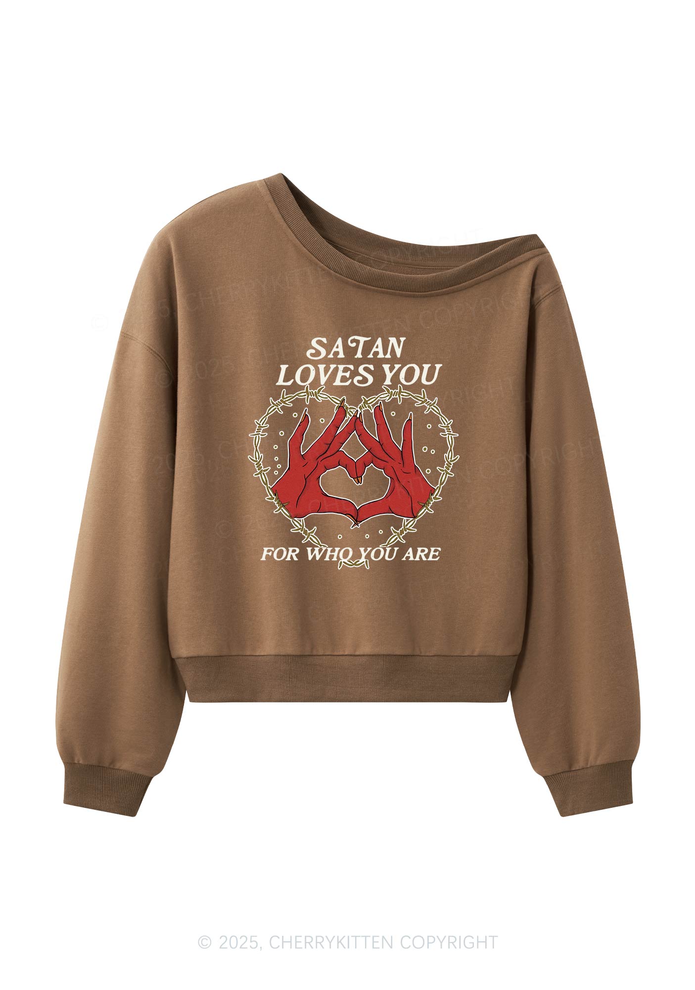 Satan Loves You Heart Halloween Y2K Off Shoulder Sweatshirts Cherrykitten