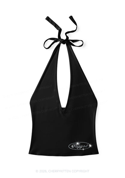 Rhinestone Faggot Pride Y2K Halter Deep V Neck Cami Cherrykitten