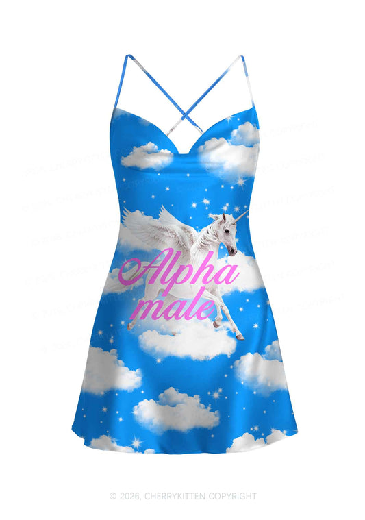 Blue Sky Alpha Male Unicorn Y2K Print Satin Cowl Neck Slip Dress Cherrykitten