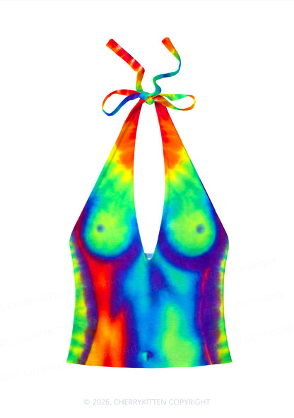 Thermal Txts Y2K Print Halter Deep V Neck Cami Cherrykitten
