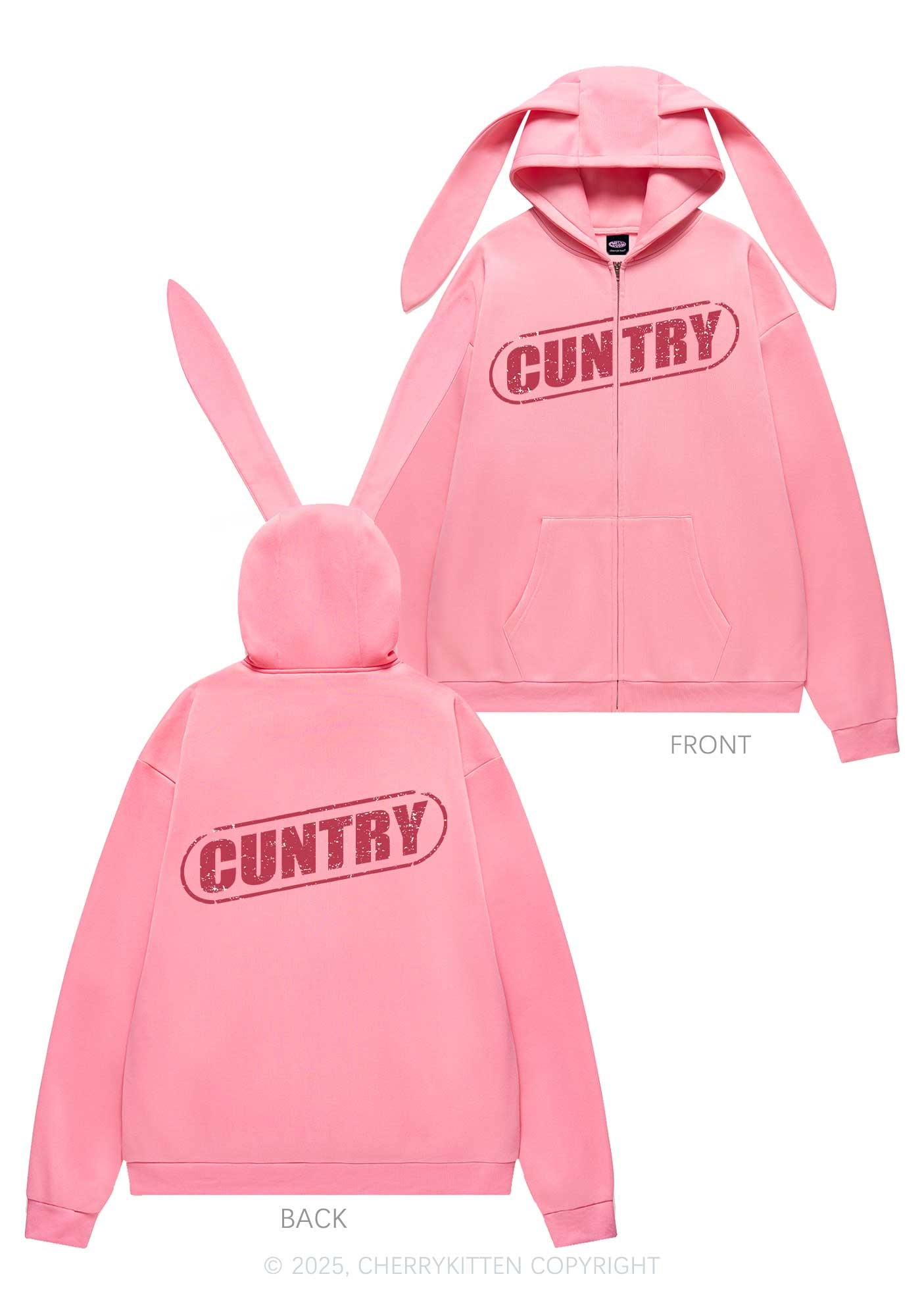 Cuntry Y2K Bunny Ear Zip Hoodie Cherrykitten