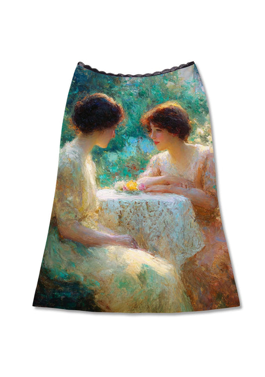 Garden Tea Scene Art Pride Y2K Print Midi Skirt Cherrykitten