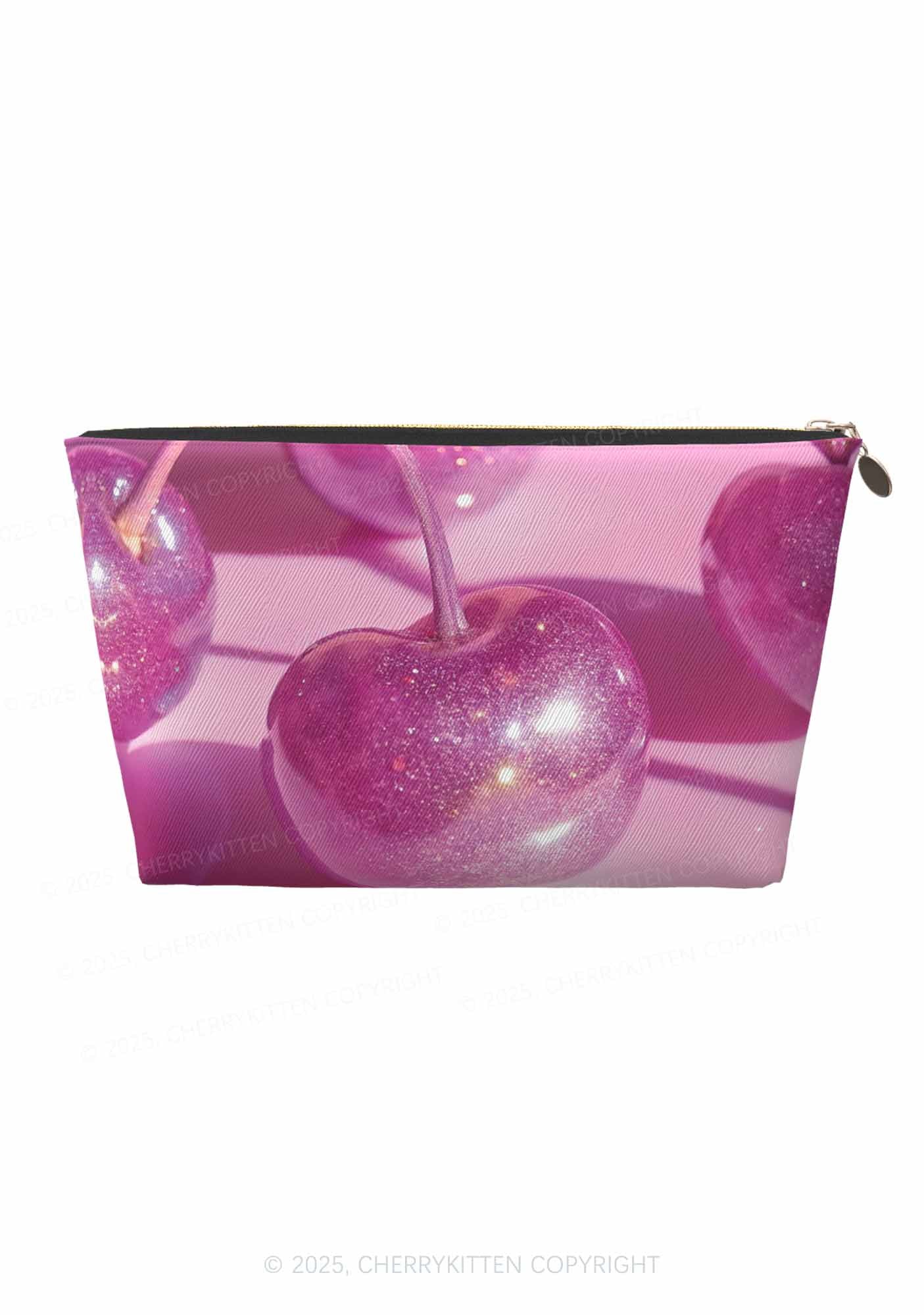 Glitter Pink Cherry Y2K Leather Makeup Bag Cherrykitten