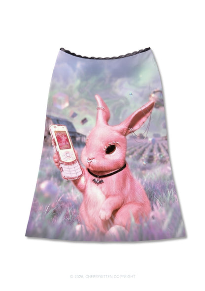 Pink Gothic Bunny Y2K Print Midi Skirt Cherrykitten