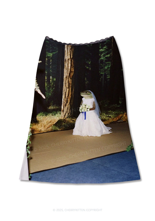 Crocodile Bride Y2K Print Midi Skirt Cherrykitten