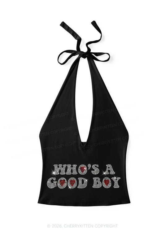 Rhinestone Whos A Good Boy Y2K Halter Deep V Neck Cami Cherrykitten