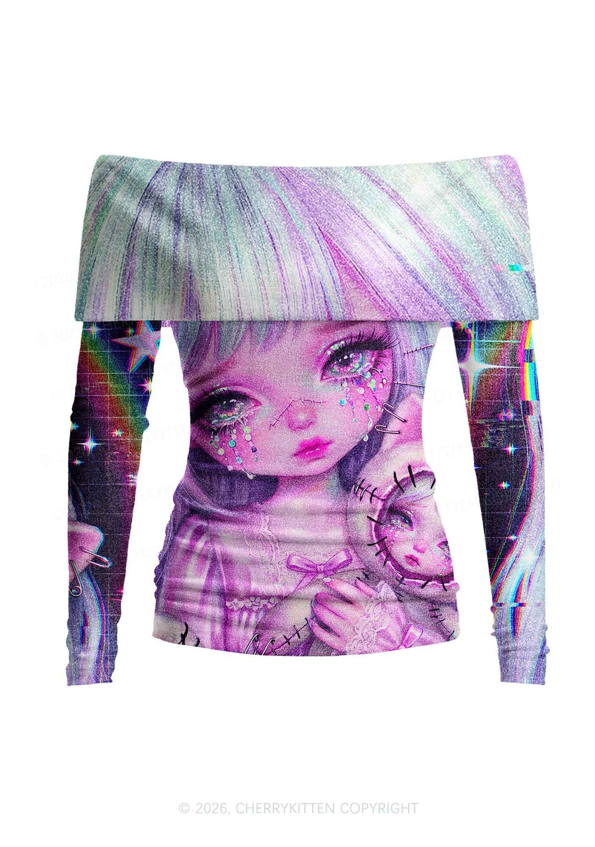 Stitched Doll Girl Y2K Off Shoulder Fold Over Knit Top Cherrykitten