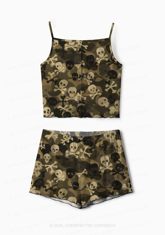 Halloween Camouflage Skulls Y2K Print Cami Shorts Pajama Set Cherrykitten