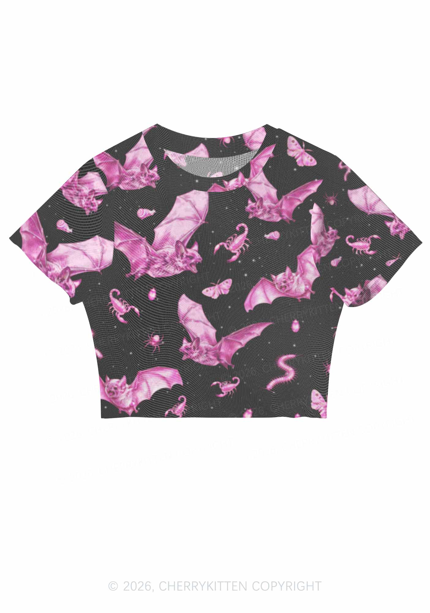 Halloween Pink Bat Y2K Mesh Crop Top Cherrykitten